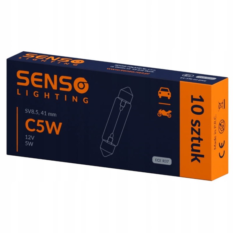 ŻARÓWKA SENSO C5W 12V 5W 41mm SV8.5 Rurka Rurkowa HOMOLOGACJA E4 x10sztuk