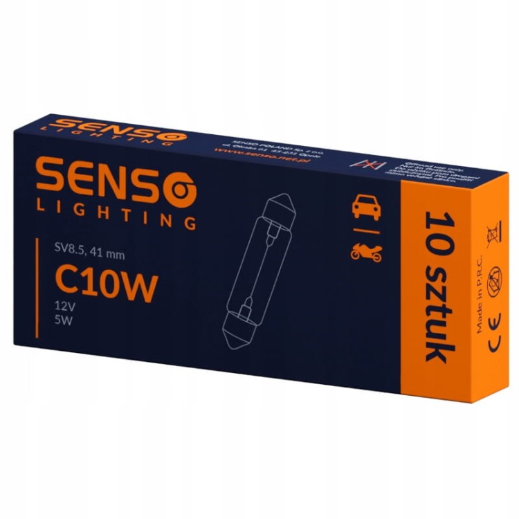 ŻARÓWKA SENSO C10W 12V 10W 41mm SV8.5 Rurka Rurkowa x10sztuk