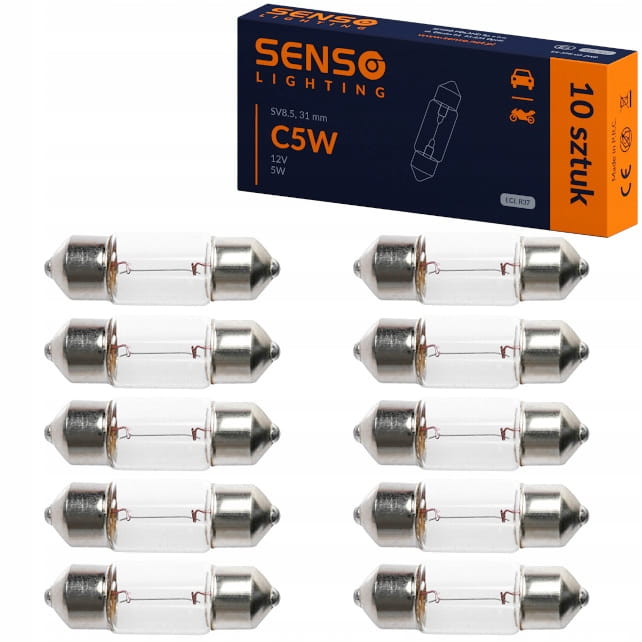 ŻARÓWKA SENSO C5W 12V 5W 31mm SV8.5 Rurka Rurkowa HOMOLOGACJA E4 x10sztuk