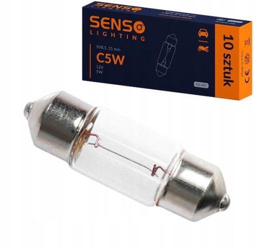 ŻARÓWKA SENSO C5W 12V 5W 31mm SV8.5 Rurka Rurkowa HOMOLOGACJA E4 x10sztuk