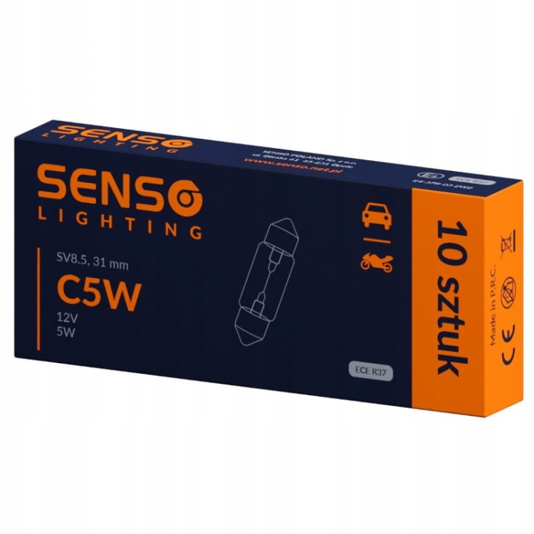 ŻARÓWKA SENSO C5W 12V 5W 31mm SV8.5 Rurka Rurkowa HOMOLOGACJA E4 x10sztuk