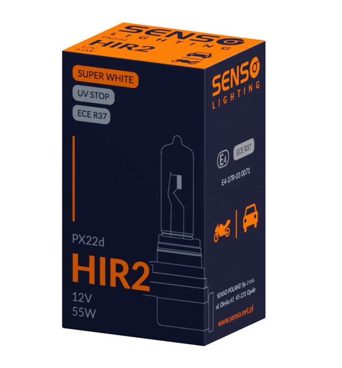 ŻARÓWKA SENSO SUPER WHITE HIR2 12V 55W PX22d HOMOLOGACJA E4 XENON