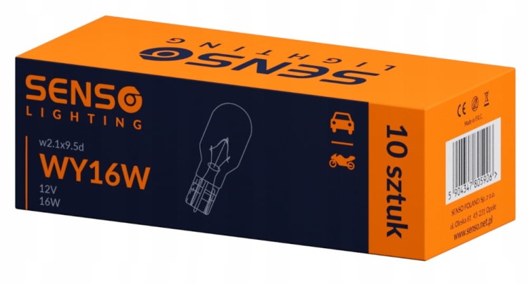 ŻARÓWKA SENSO WY16W T15 12V w2.1x9.5d POMARAŃCZOWA HOMOLOGACJA E4